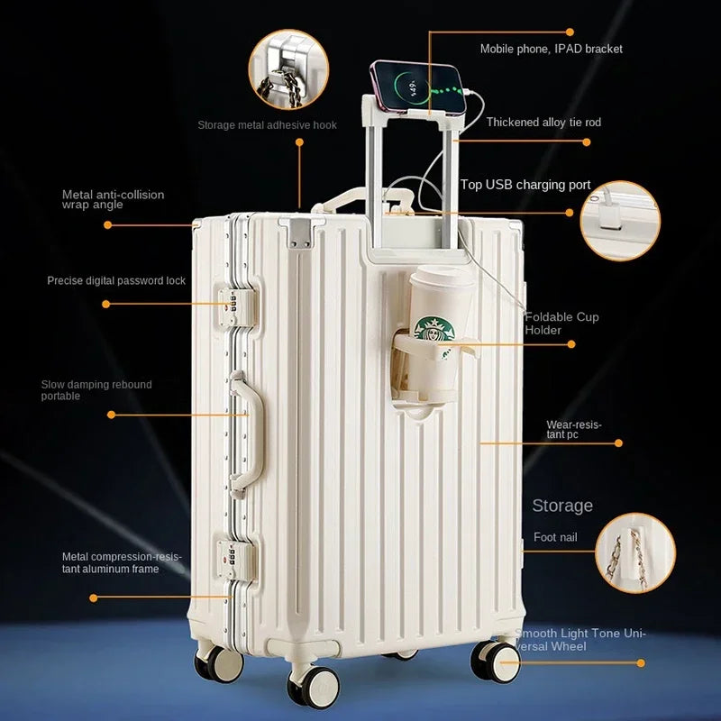 Travel Suitcase with USB Cup Holder, Aluminum Frame