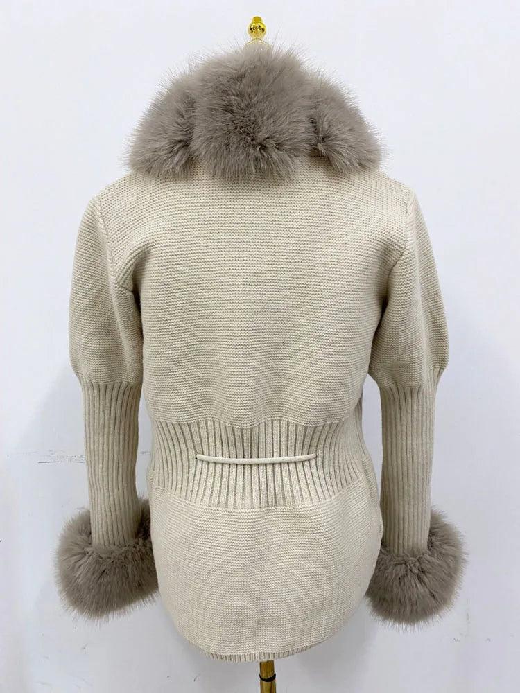 Faux Fur Coat Luxury Knitted Sweater Fur Cardigan Detachable Collar White Pink