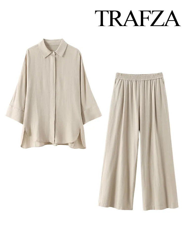 Wide elastic waist pants with simple decorative blouse