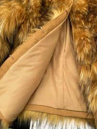 Faux Fur Coat with Fox and Raccoon Leather Hood, Brown, Plus Size