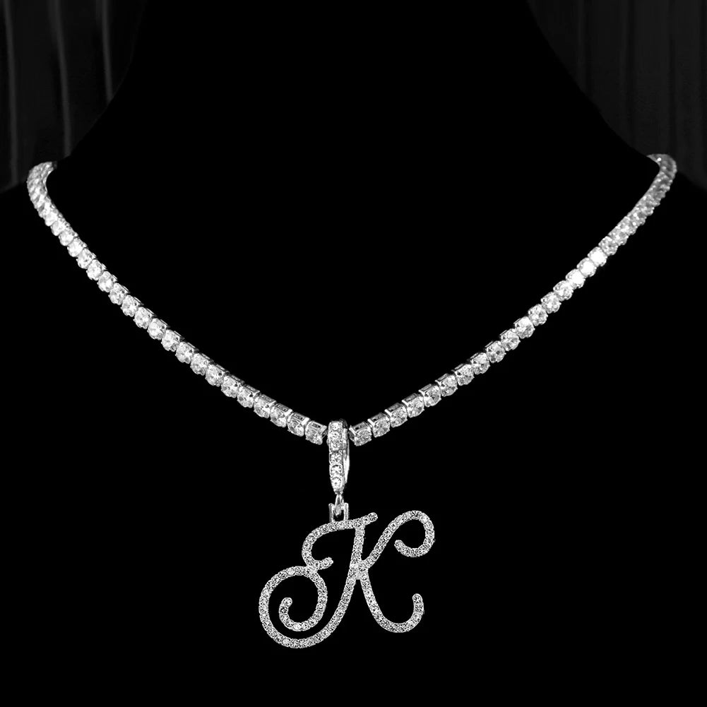 New Cursive Letters Cubic Zirconia Chain Intial Name Necklace Hip Hop Jewelry Gold Silver Color CZ 26 Alphabet Pendant Necklaces