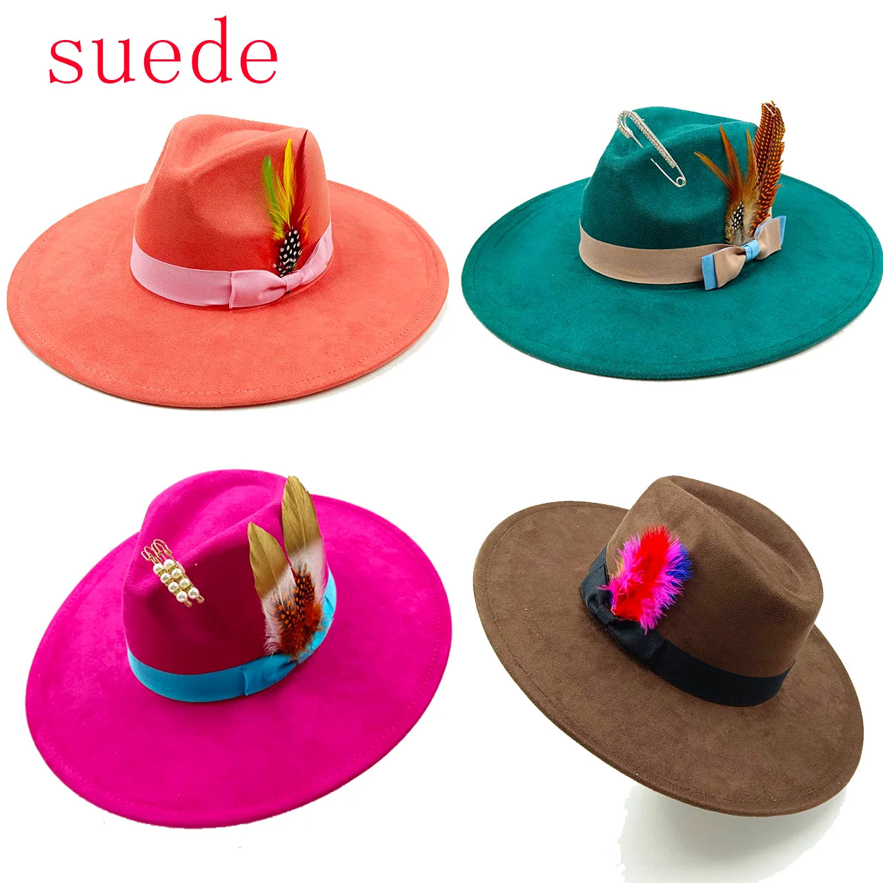 Suede fedora hat with heart shaped top, 3.75" brim