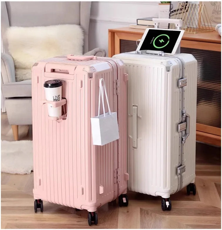 Large Capacity Valise Smart Travel Trolley Suitcase Luggage With USB Charger And Cup Holder