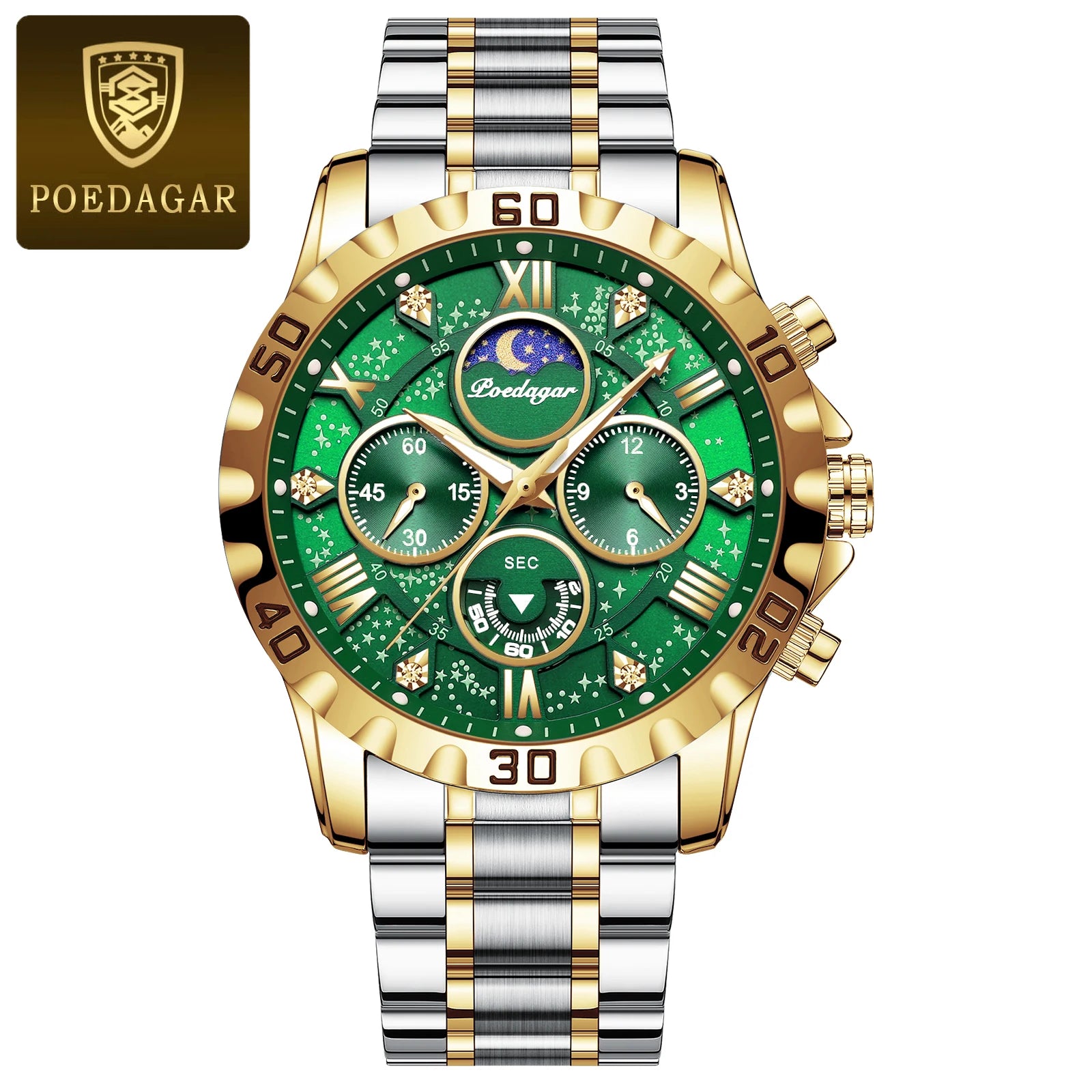 POEDAGAR Luxury Quartz Watch Sports Watch Waterproof Luminous Stainless Steel Chronograph Clock Reloj