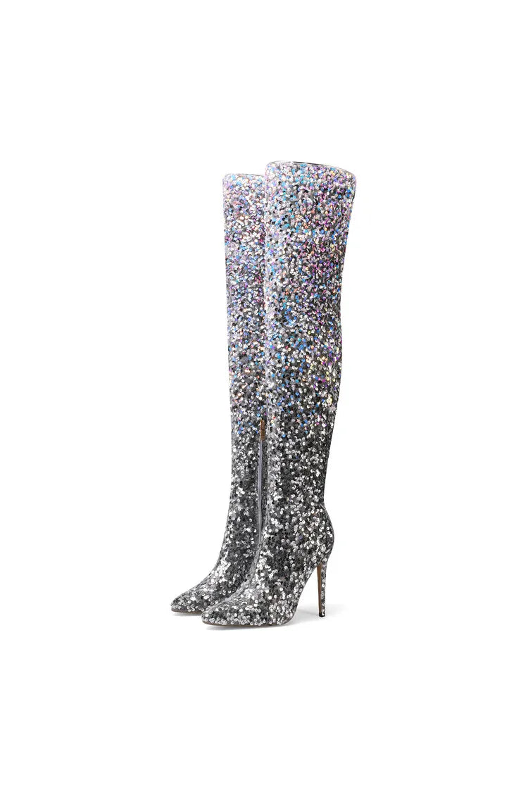 tight sequined thigh boots, gradient