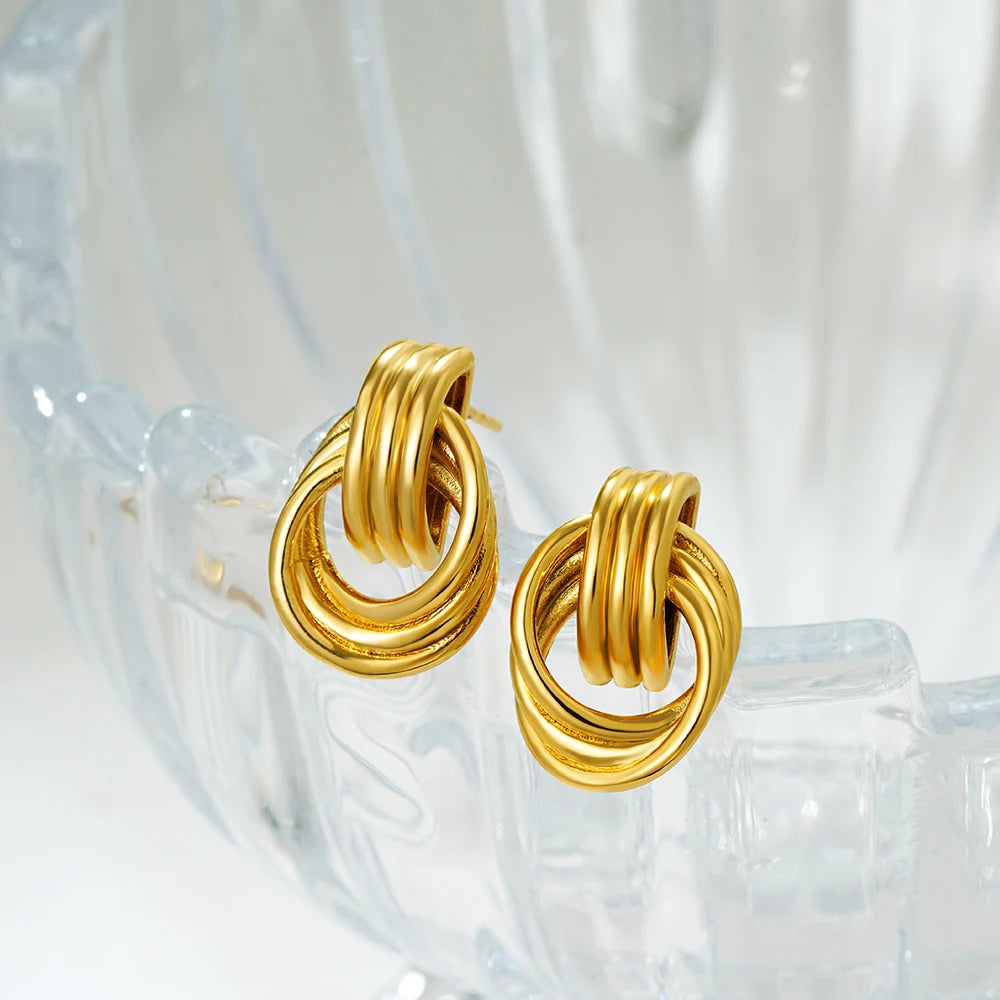 Gold Plated Textured Knot Twisted Geometric Stud Earrings