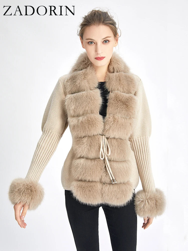 Faux Fur Coat Luxury Knitted Sweater Fur Cardigan Detachable Collar White Pink