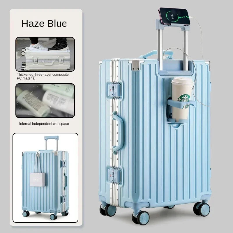 Travel Suitcase with USB Cup Holder, Aluminum Frame