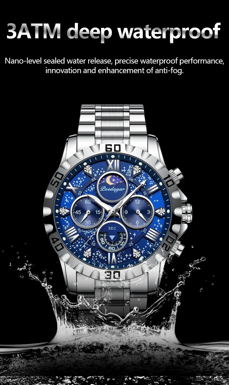 POEDAGAR Luxury Quartz Watch Sports Watch Waterproof Luminous Stainless Steel Chronograph Clock Reloj