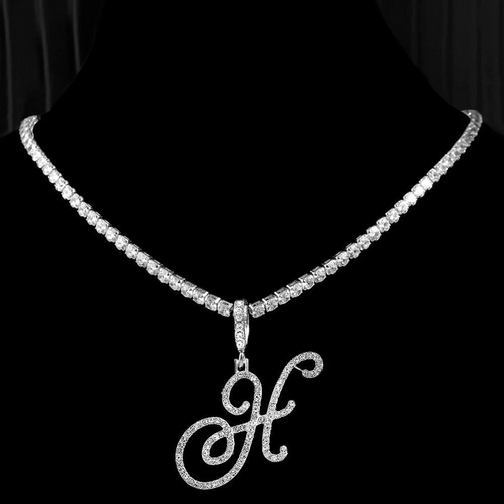 New Cursive Letters Cubic Zirconia Chain Intial Name Necklace Hip Hop Jewelry Gold Silver Color CZ 26 Alphabet Pendant Necklaces