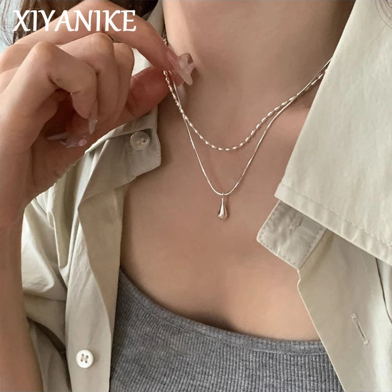 XIYANIKE Minimalist double layer water drop pendant necklace