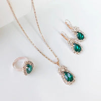 Waterdrop Green Rhinestone Necklace Earrings Ring Jewelry Set Chic Ladies Jewelry Fashion Bling Bling Bridal Party Accessories