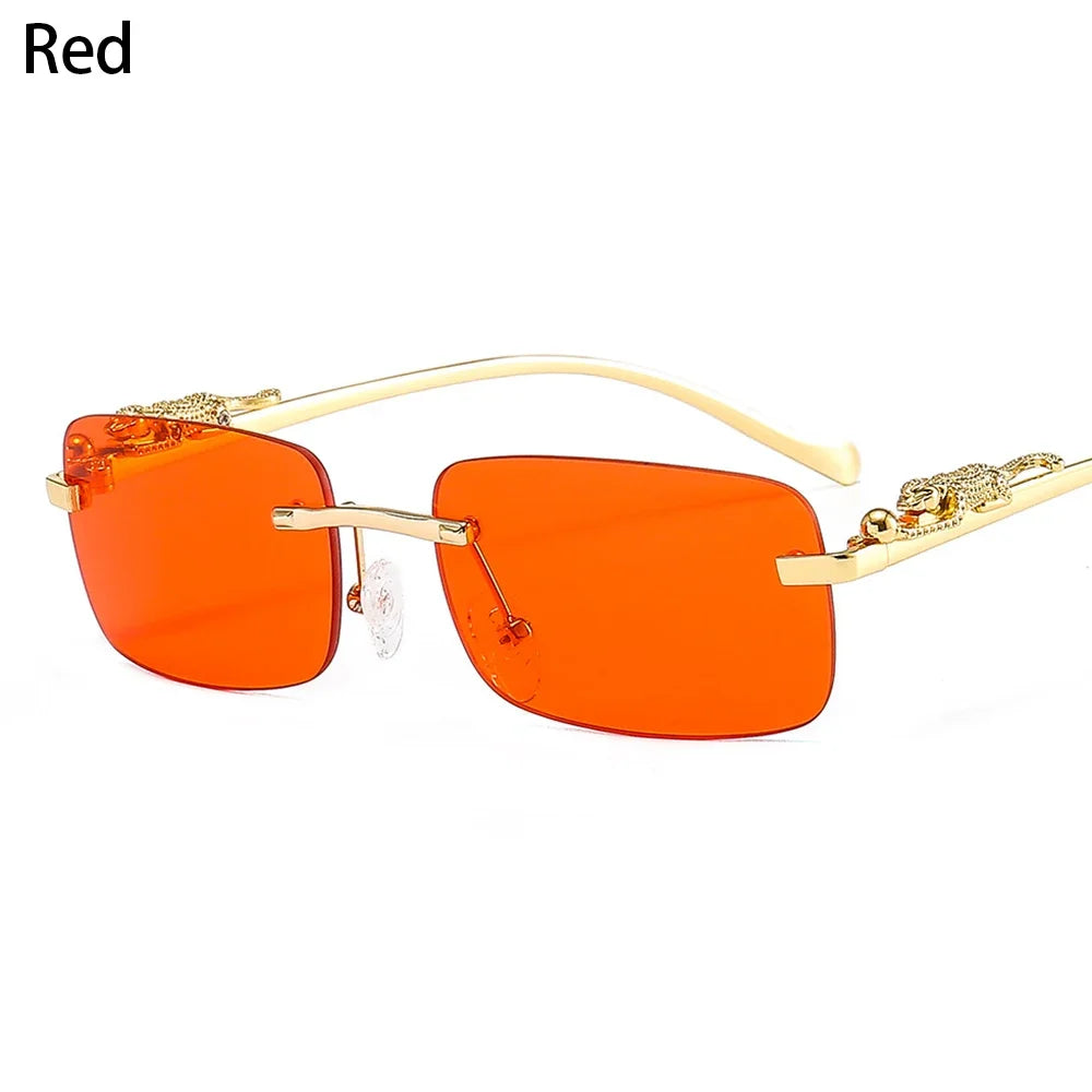 Rimless Square Sunglasses Retro Designer Gold Leopard Style Lenses