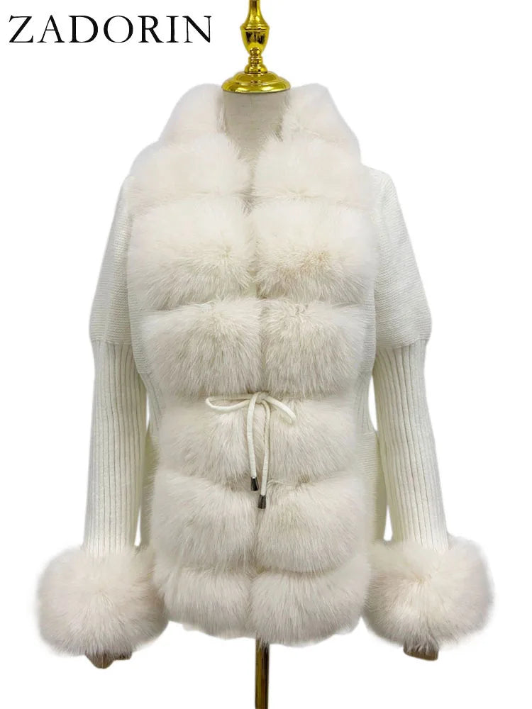 Faux Fur Coat Luxury Knitted Sweater Fur Cardigan Detachable Collar White Pink