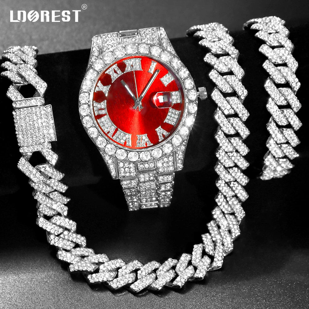 Necklace+Watch+Bracelet Iced Out Watch For Men Hip Hop 14MM Prong