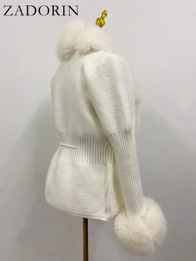 Faux Fur Coat Luxury Knitted Sweater Fur Cardigan Detachable Collar White Pink