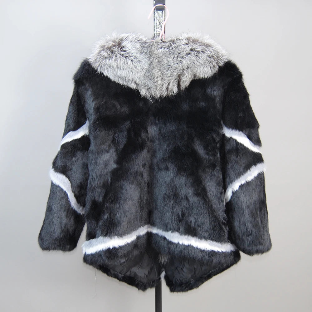 Natural rabbit fur coat with fox fur collar