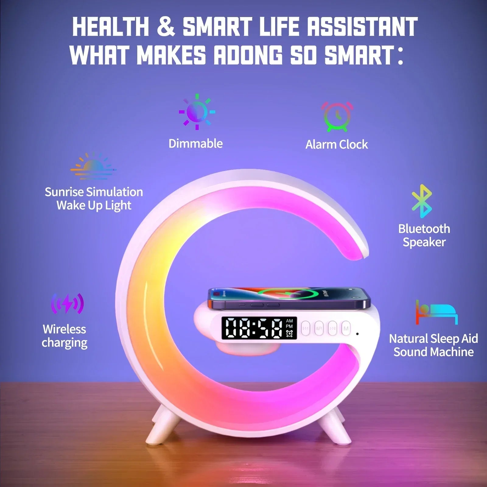 Multifunctional Wireless Charger Stand with RGB Light Alarm Clock Speaker