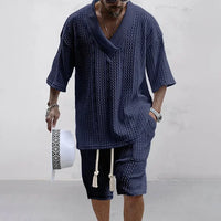 ☀️ 2-piece knitted set – V-neck T-shirt and shorts