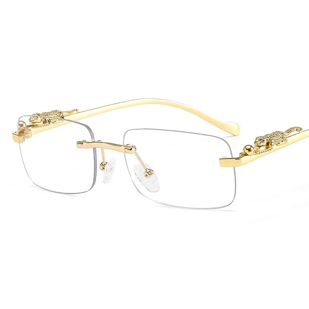 Rimless Square Sunglasses Retro Designer Gold Leopard Style Lenses