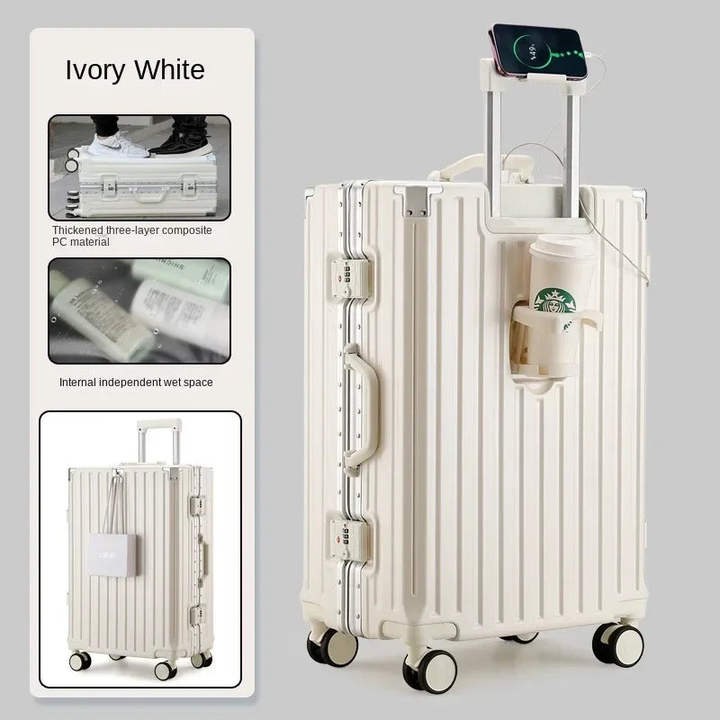 Travel Suitcase with USB Cup Holder, Aluminum Frame