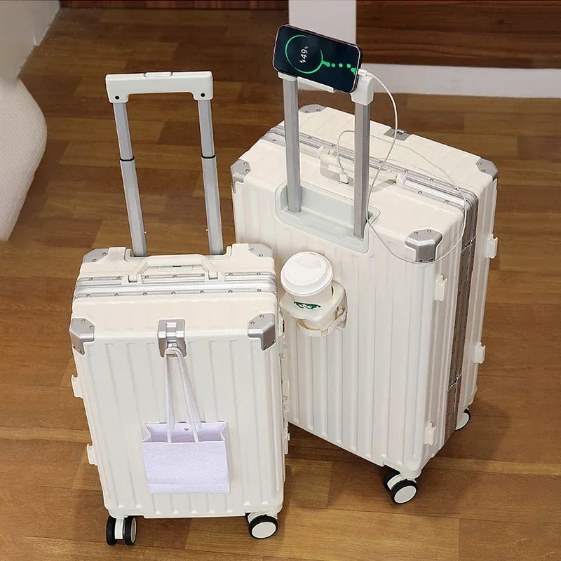 Travel Suitcase with USB Cup Holder, Aluminum Frame