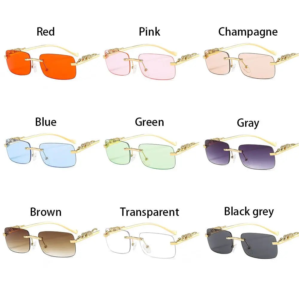 Rimless Square Sunglasses Retro Designer Gold Leopard Style Lenses