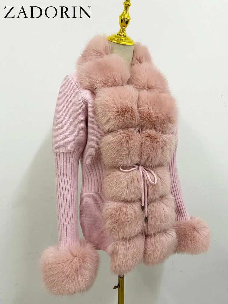 Faux Fur Coat Luxury Knitted Sweater Fur Cardigan Detachable Collar White Pink