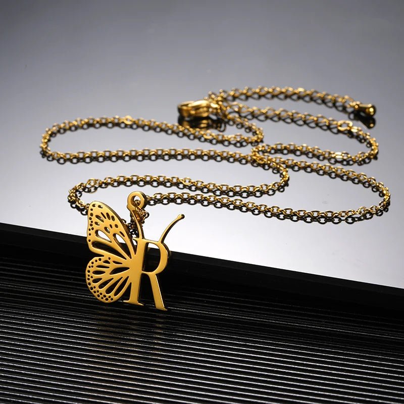 A - Z Initial Letter Collar Butterfly Necklace For WomenAzizaK