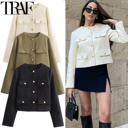 Autumn Winter Cropped Jacket for Women Elegant Long Sleeve Button Demi - Season Short Coats by TRAF OuterwearsAzizaK