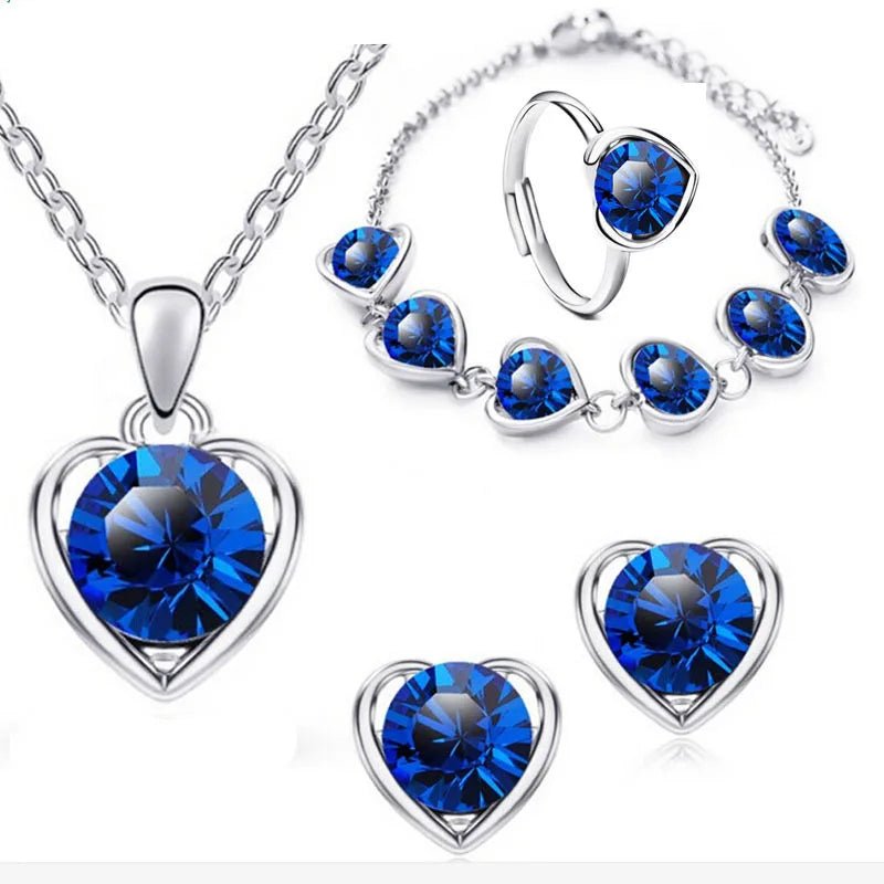 Blue Cyrstal Ring Necklace Earrings Set Wedding Jewelry Sets For Brides Pendant Earrings For Girls Women African Jewelry SetsAzizaK