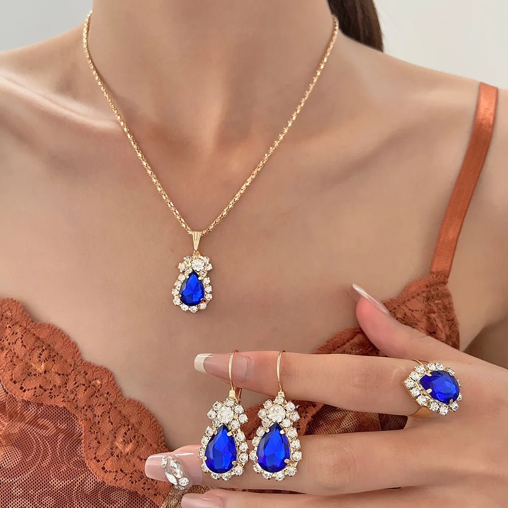 Blue Cyrstal Ring Necklace Earrings Set Wedding Jewelry Sets For Brides Pendant Earrings For Girls Women African Jewelry SetsAzizaK