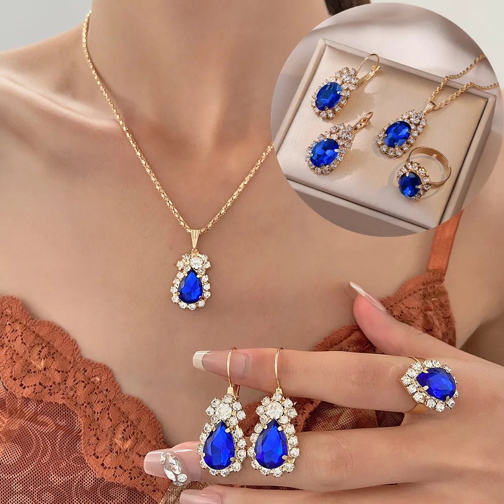 Blue Cyrstal Ring Necklace Earrings Set Wedding Jewelry Sets For Brides Pendant Earrings For Girls Women African Jewelry SetsAzizaK