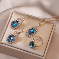 Blue Cyrstal Ring Necklace Earrings Set Wedding Jewelry Sets For Brides Pendant Earrings For Girls Women African Jewelry SetsAzizaK