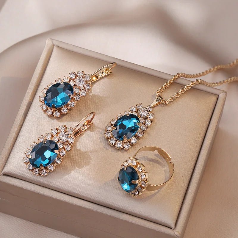 Blue Cyrstal Ring Necklace Earrings Set Wedding Jewelry Sets For Brides Pendant Earrings For Girls Women African Jewelry SetsAzizaK