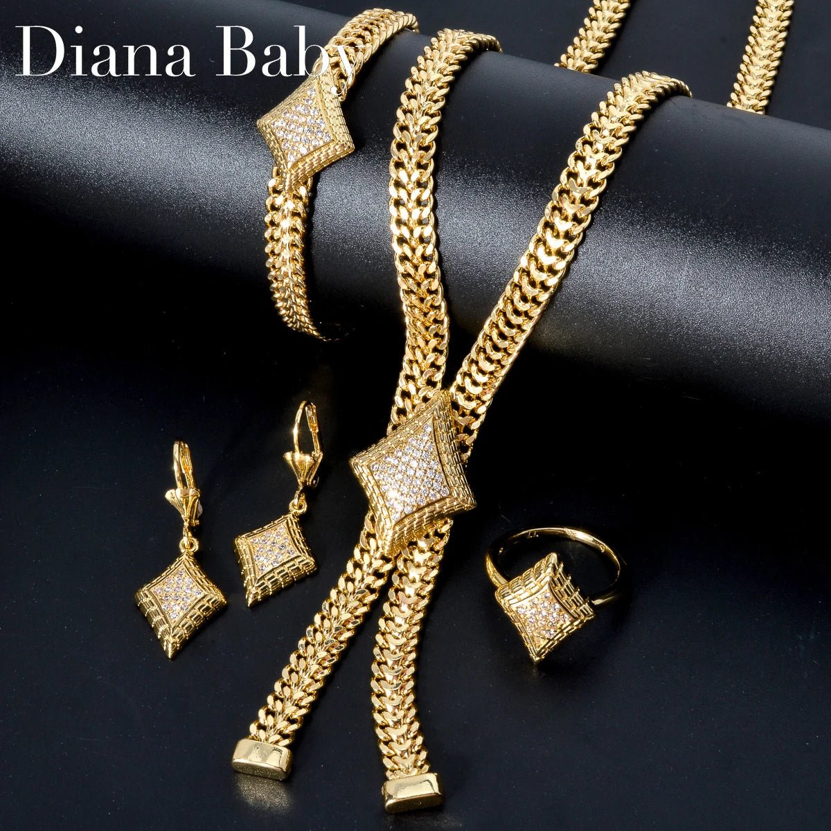 Bohemia 4pcs Luxury Dubai earrings 14k Gold Plated Bracelet Zircon Necklace Wedding Bride ring jewelry Sets For Women GiftAzizaK