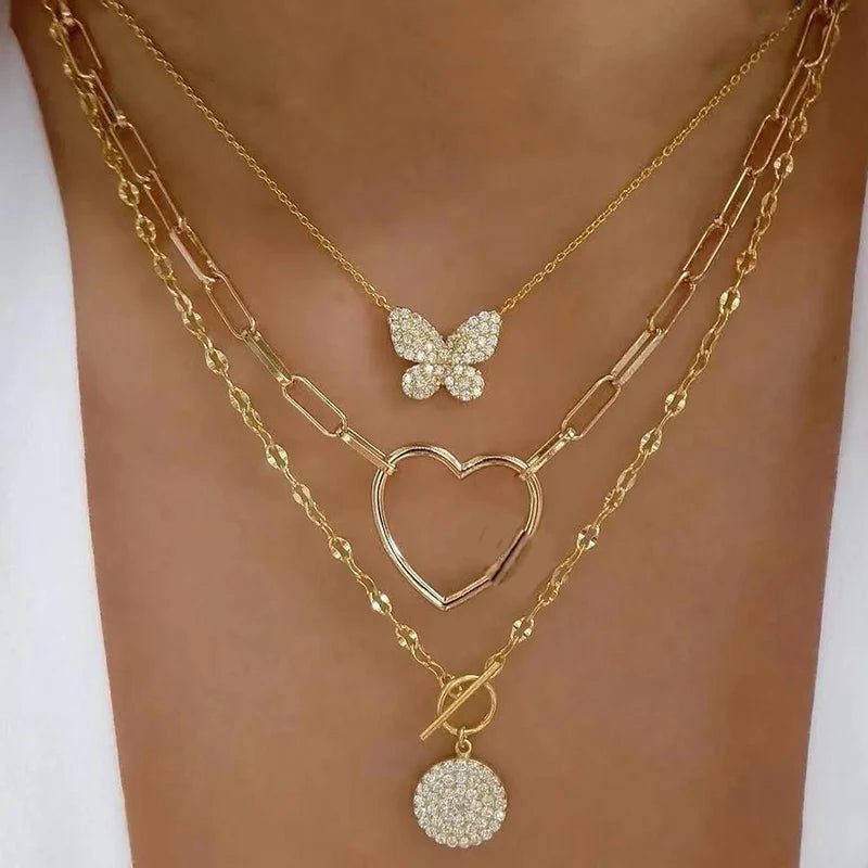 Bohemia Multilayer Crystal Butterfly Pendant Necklaces For Women Hollow Heart Choker Necklace Fashion Jewelry Party Gift N0321AzizaK