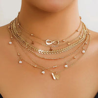 Boho Infinite Symbol Leaf Butterfly Pendant Necklace Set of 6 for Women Vintage Ethnic Imitation Pearl Thin Chain Party JewelryAzizaK