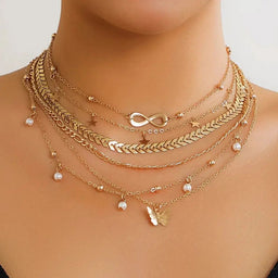 Boho Infinite Symbol Leaf Butterfly Pendant Necklace Set of 6 for Women Vintage Ethnic Imitation Pearl Thin Chain Party JewelryAzizaK