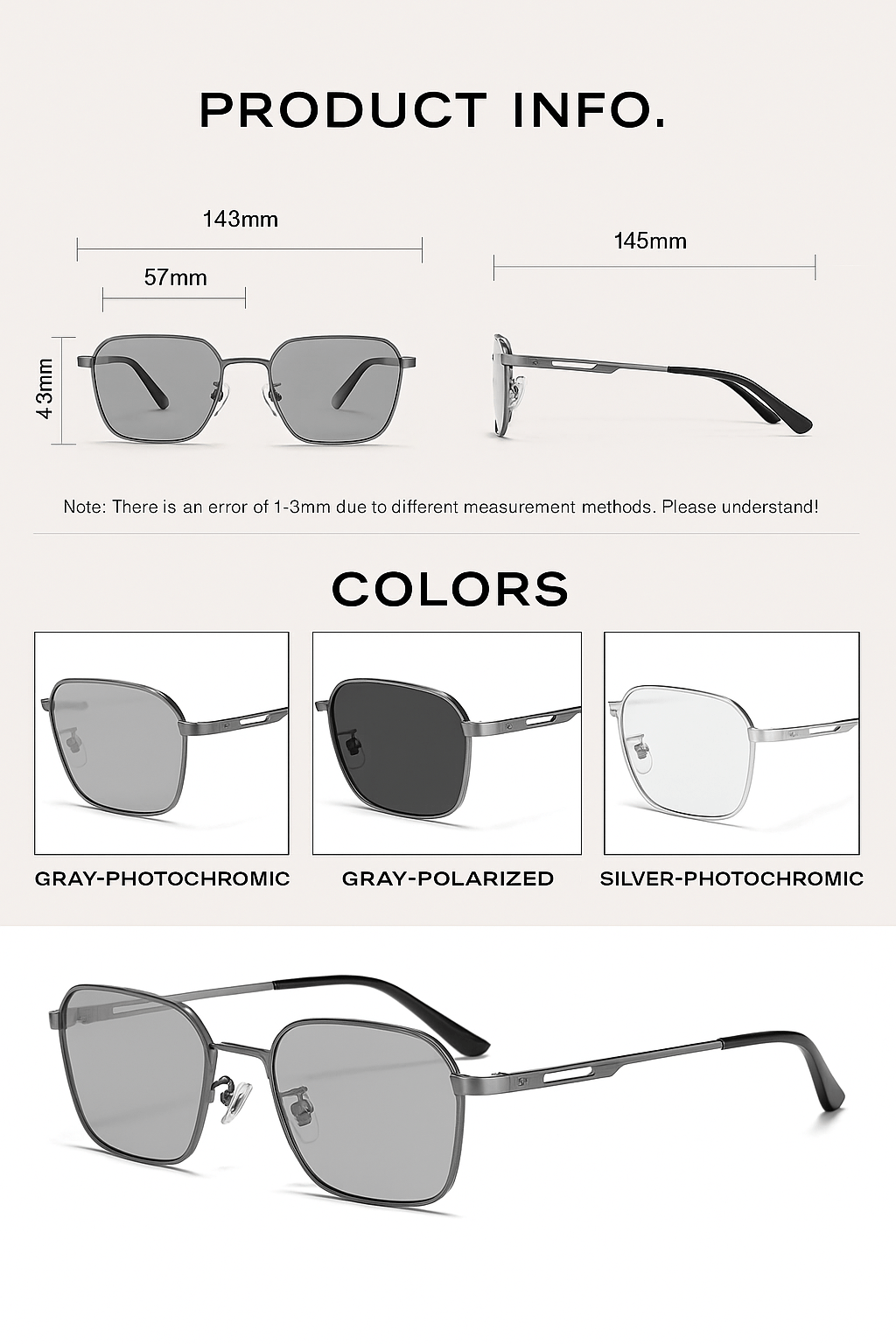 Brand Design Photochromic Sunglasses Square UV400 ProtectionAzizaK