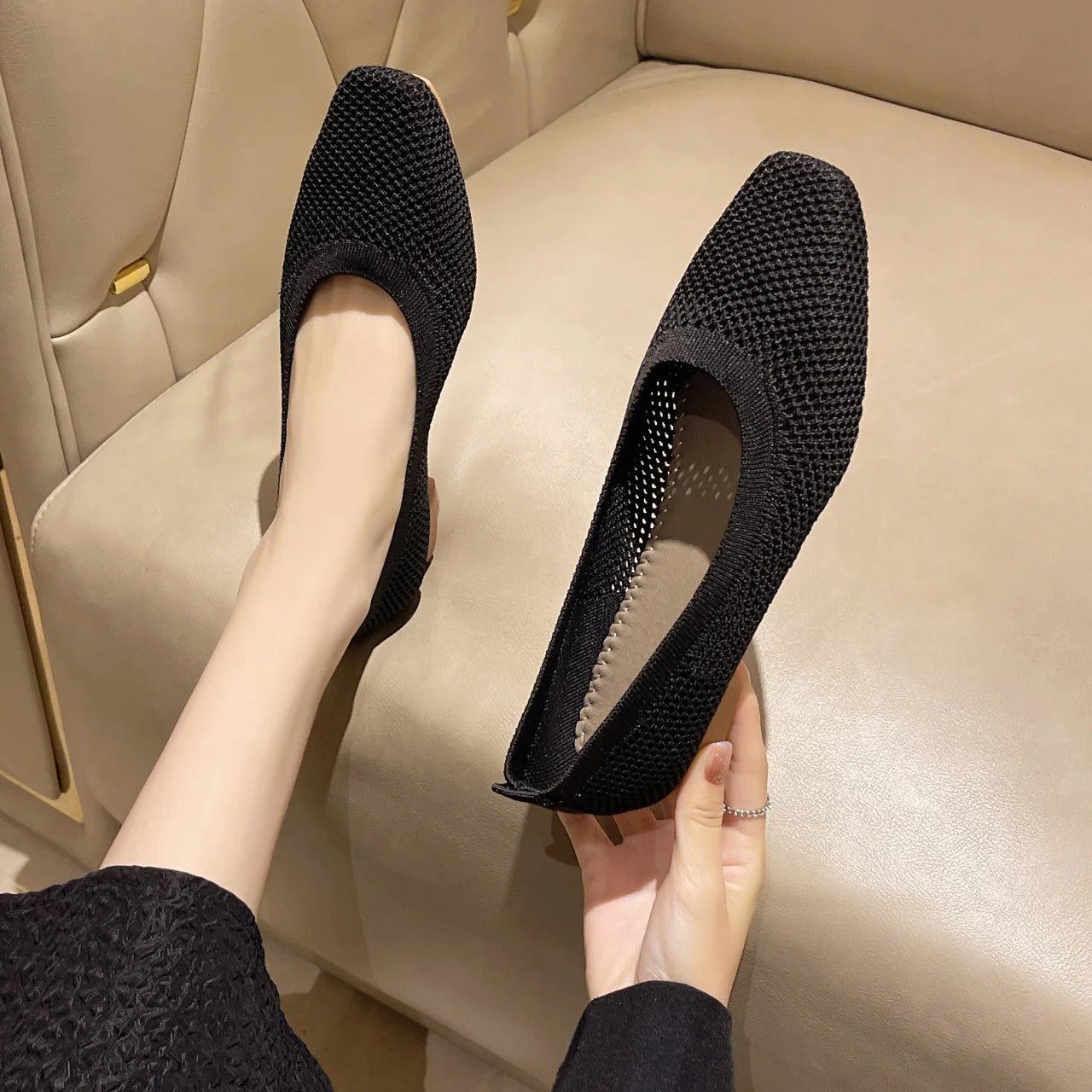 Breathable Knit Flats – Women’s Square Toe Slip - OnsAzizaK