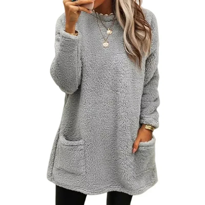 Casual Plush Hoodie Split Hem Long Warm TopAzizaK