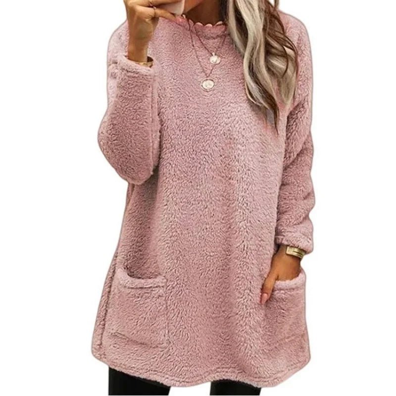 Casual Plush Hoodie Split Hem Long Warm TopAzizaK