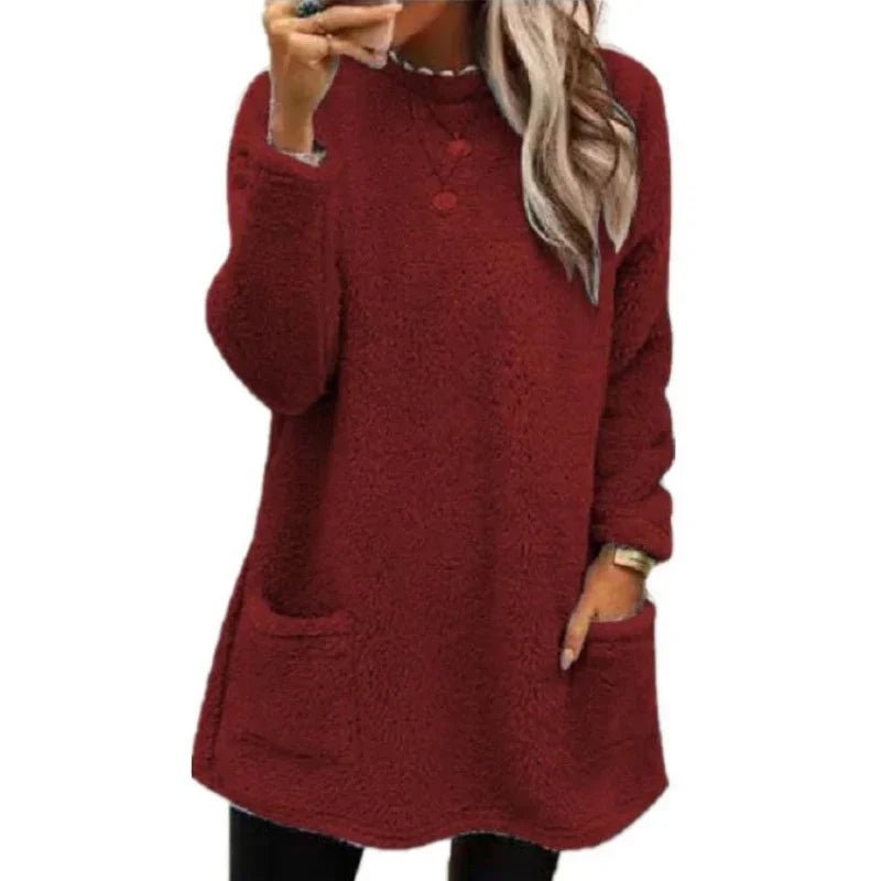 Casual Plush Hoodie Split Hem Long Warm TopAzizaK