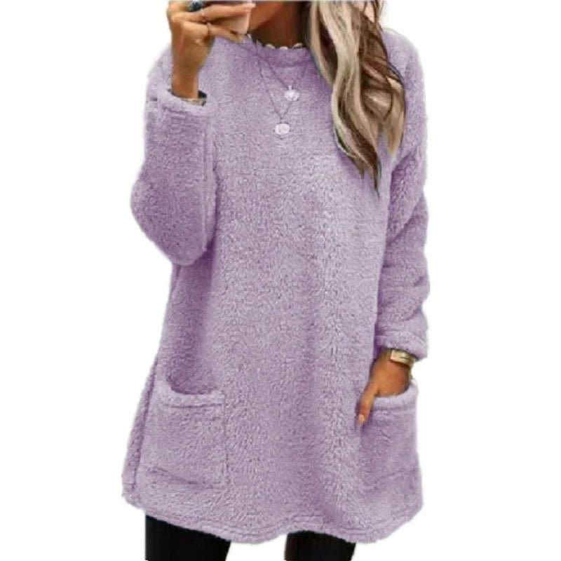 Casual Plush Hoodie Split Hem Long Warm TopAzizaK