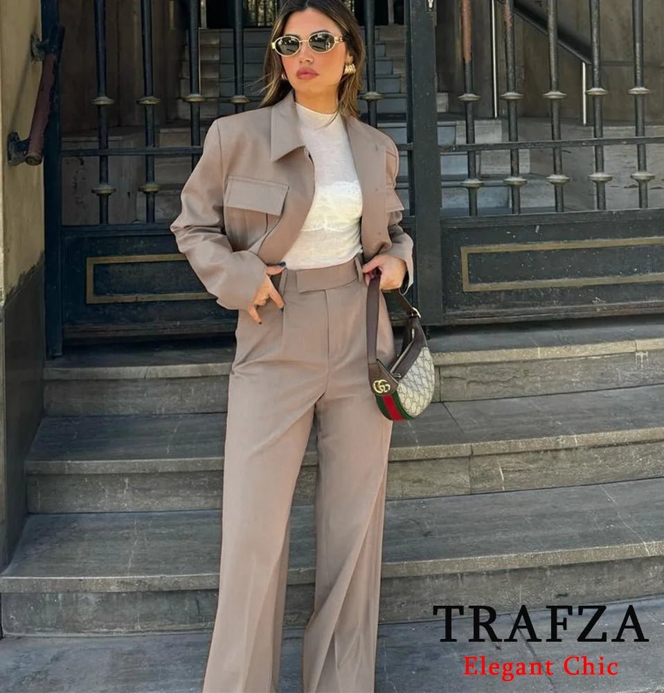 Casual Short Blazer Suit for Women TRAFZA Spring Fall Holiday Commuter Lapel Jacket with Pockets Pant SetAzizaK