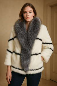 Luxury Faux Fur Coat with Silver Fox Collar – Black & White Stripes