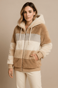 Cozy Striped Faux Fur Hoodie JacketAzizaK
