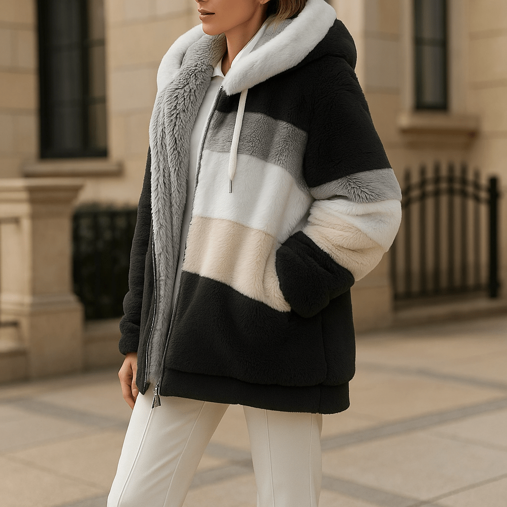 Cozy Striped Faux Fur Hoodie JacketAzizaK