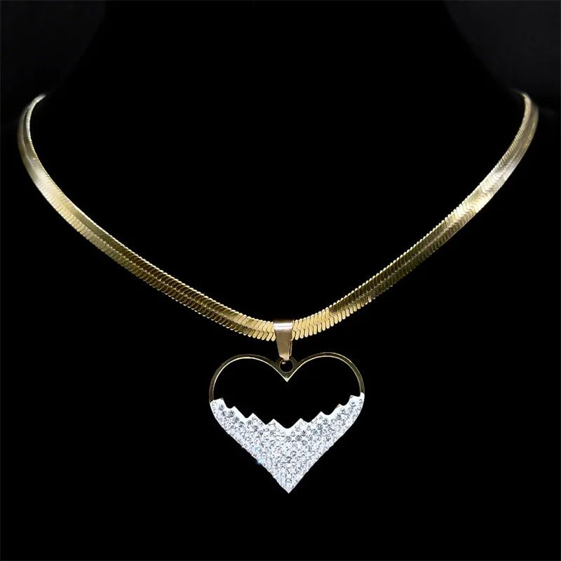 Crystal Love Heart Pendant Necklace Choker for Women Stainless Steel GoldAzizaK